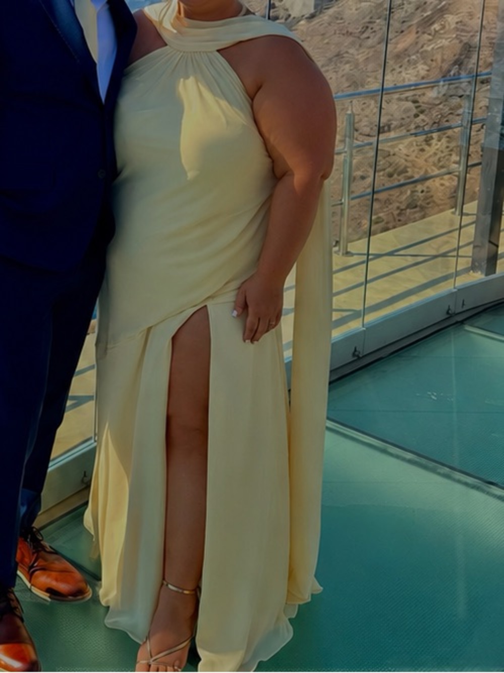 Elegant Butter Yellow Halter Evening Gown - Birdy Grey
